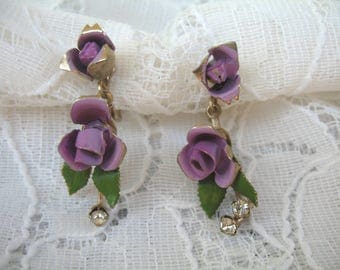 Vintage Enamel Flower & Rhinestone Dangle Earrings ~ Screwbacks