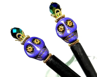 Day-Of-The-Dead Purple Skull Hair Sticks, Sugar Skull Accessories, Mardi Gras, Hairsticks, Bun Holders, Purple Skulls