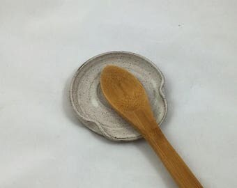 Summer Vacation Sale Pottery Spoon Rest in Speckled Cream Handmade Pottery By Daisy M. Friesen