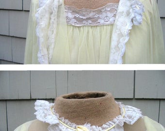 1960s- Mousseline Pale Yellow Lace Negligé Two Pieces