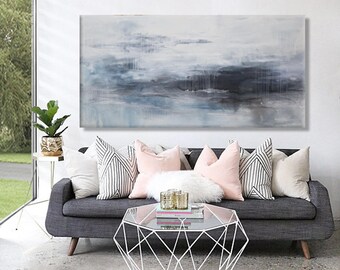 large abstract seascape painting white blue black gray contemporary wall art 'messengers of spring' Elena