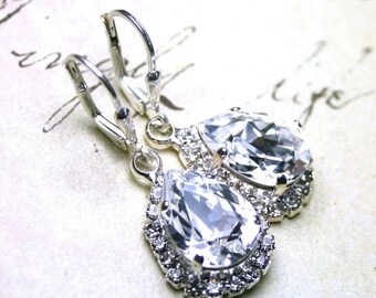 ON SALE Elegant Teardrop Earrings - Swarovski Crystal Teardrop Halo Earrings with Sterling Silver Leverbacks - Bridal Earrings