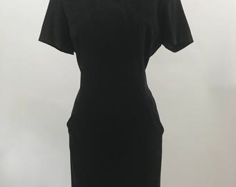 Vintage Black Faux Suede Dress/Minimalist Black Dress/90's Short Sleeve Suede Dress