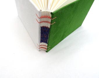 Green, cream, journal, Coptic, woven spine, notebook, faux suede, A6