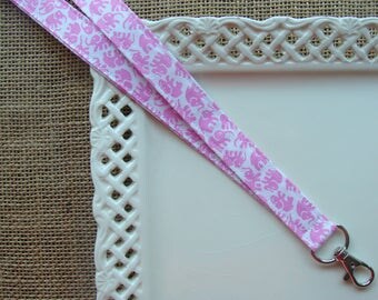 Fabric Lanyard - Pink Elephants on White