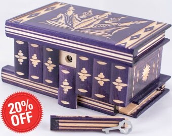 Puzzle Box Painted Carved Jewelry Box Case Wood Comes With Key, Inside Lock (Purple)