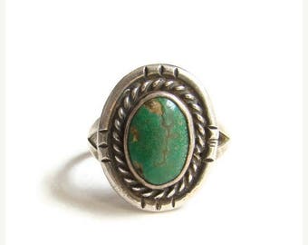 ON SALE Navajo Style Green Turquoise Ring Size 7.5 Sterling Silver Native American Indian Jewelry