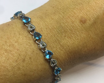 Handmade Genuine Blue Topaz marcasite 925 Sterling Silver Tennis Bracelet
