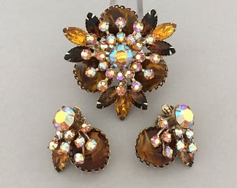 Statement Rhinestone Brooch Set - Designer Signed JUDY LEE Rhinestone Set - Clip On Earrings Set - Amber Rhinestone Fall Jewelry Brooch