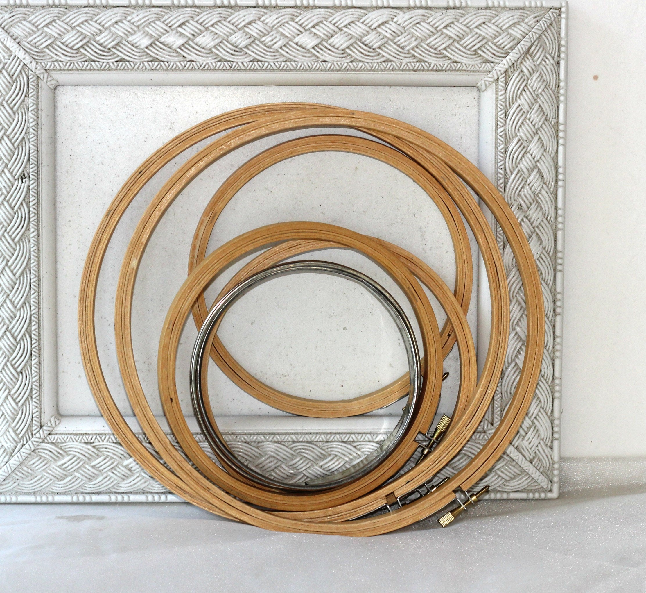 Vintage Wooden Embroidery Hoops 3 Sizes Set of 6 One Metal Hoop