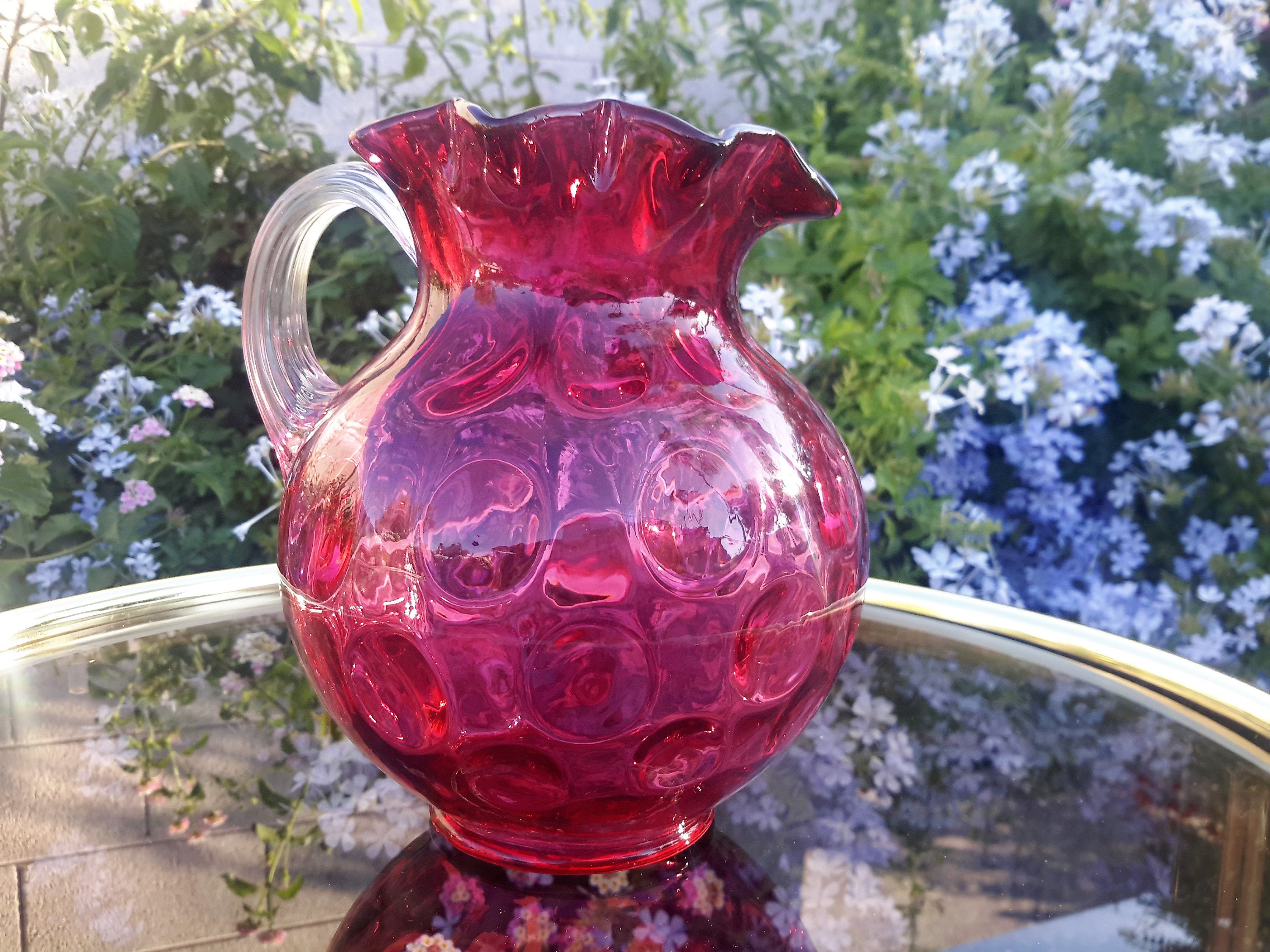 Fenton Cranberry Glass Dot Optic Pitcher Star Crimp Rim