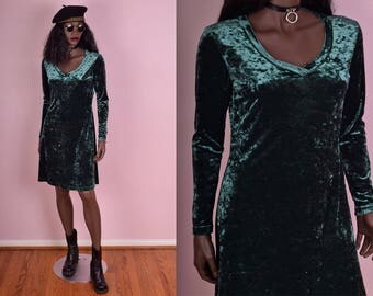 90s Green Crushed Velvet Dress/ Small/ 1990s/ Long Sleeve