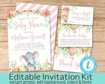 Girl Elephant Baby Shower Invitation Kit, Safari Floral Invitation Set, Editable Shower invitation Suite, Elephant Invite, Instant Download