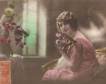 Antique French Tinted Photo Postcard Pretty Edwardian Woman with Flowers from Vintage Paper Attic