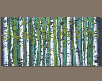 FREE SHIP abstract painting, birch trees painting, panoramic painting, forest painting, landscape painting, green art on canvas, aspens