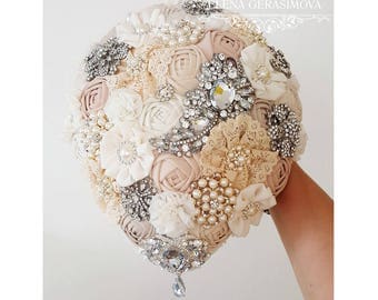 Brooch Bouquet, Ivory teardrop Fabric Bouquet, rustic Unique Wedding Bridal Bouquet