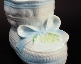 60's Nancy Pew CERAMIC Baby BOOTIE // Giftware Planter Dish // Blue & White