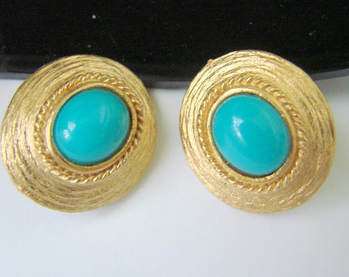 1980s Vintage Faux Turquoise Textured Gold Tone Clip Earrings / Button Motifs / Mock Beading / CIJ Sale 20% Coupon Code (CIJSale1)