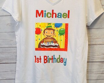 Curious George birthday shirt, FREE SHIPPING, curious george, birthday boy, boy shirt, colorful, curious george, green, yellow, red, party