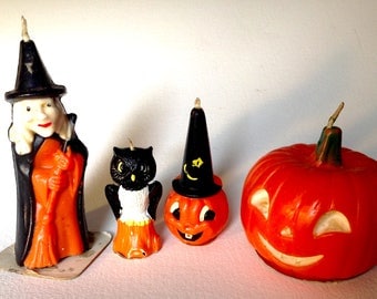4 vintage Gurley Halloween candles witch black owl jack o lantern jol