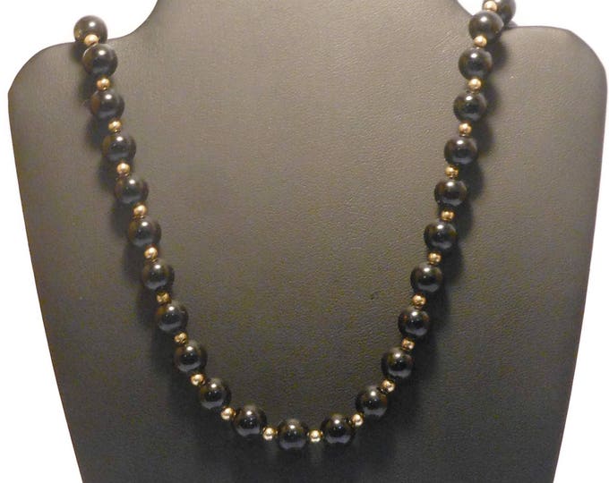 FREE SHIPPING Black glass bead necklace, long 30" necklace, black with gold metal seed bead separators, single strand