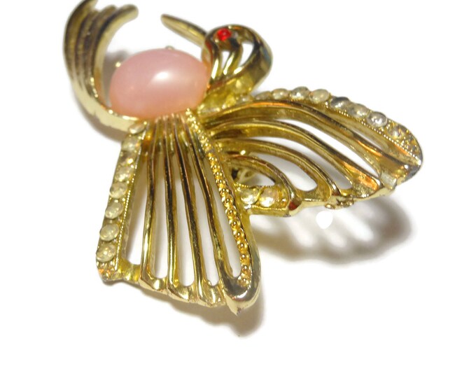 Jelly belly hummingbird brooch, gold hummingbird with pink lucite belly, red rhinestone eye and clear rhinestone embellishments, bird pin