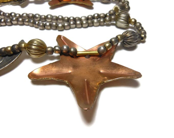 Celestial necklace, sun moon stars copper and silver tone beaded necklace with large charms, 80s Boho bohemian, Repoussé