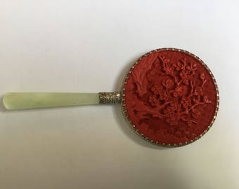 Vintage chinese cinnabar and jade mirror .