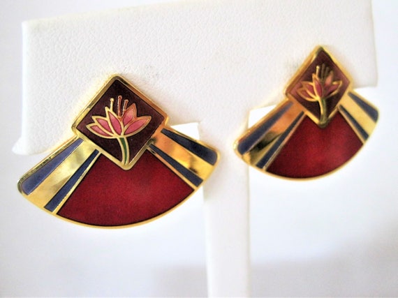 Laurel Burch Red Earrings - Fan Shaped Deco - Red Enamel Water Lilies - Pierced Earrings