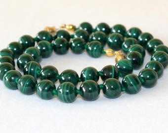 Malachite Necklace. 8mm Green Malachite Beads Necklace Hand Knotted. Genuine Natural Malakite Stone. MapenziGems