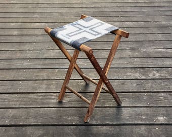 Vintage Camp Stool - Wool Seat - Cross Native Geometric Tribal