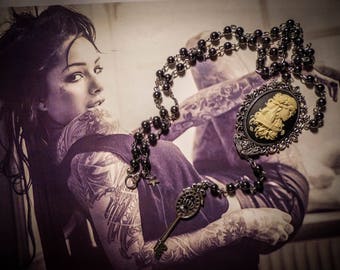 Black cameo Rosary chaplet rose Calavera Skull "Forever Love"