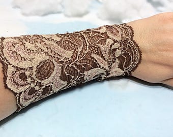 Nude brown lace bracelet, Lace wrist cuff, Lace victorian glove, boho lace bracelet, stretchy lace bracelet, wrist tattoo cover, lace cuff