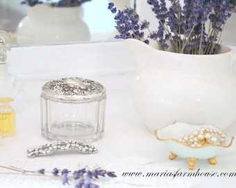 STERLING SILVER, Antique Art Nouveau Inspired Crystal Jar with Sterling Silver Lid, Repousse Flowers, Vanity Decor, Gifts for Her