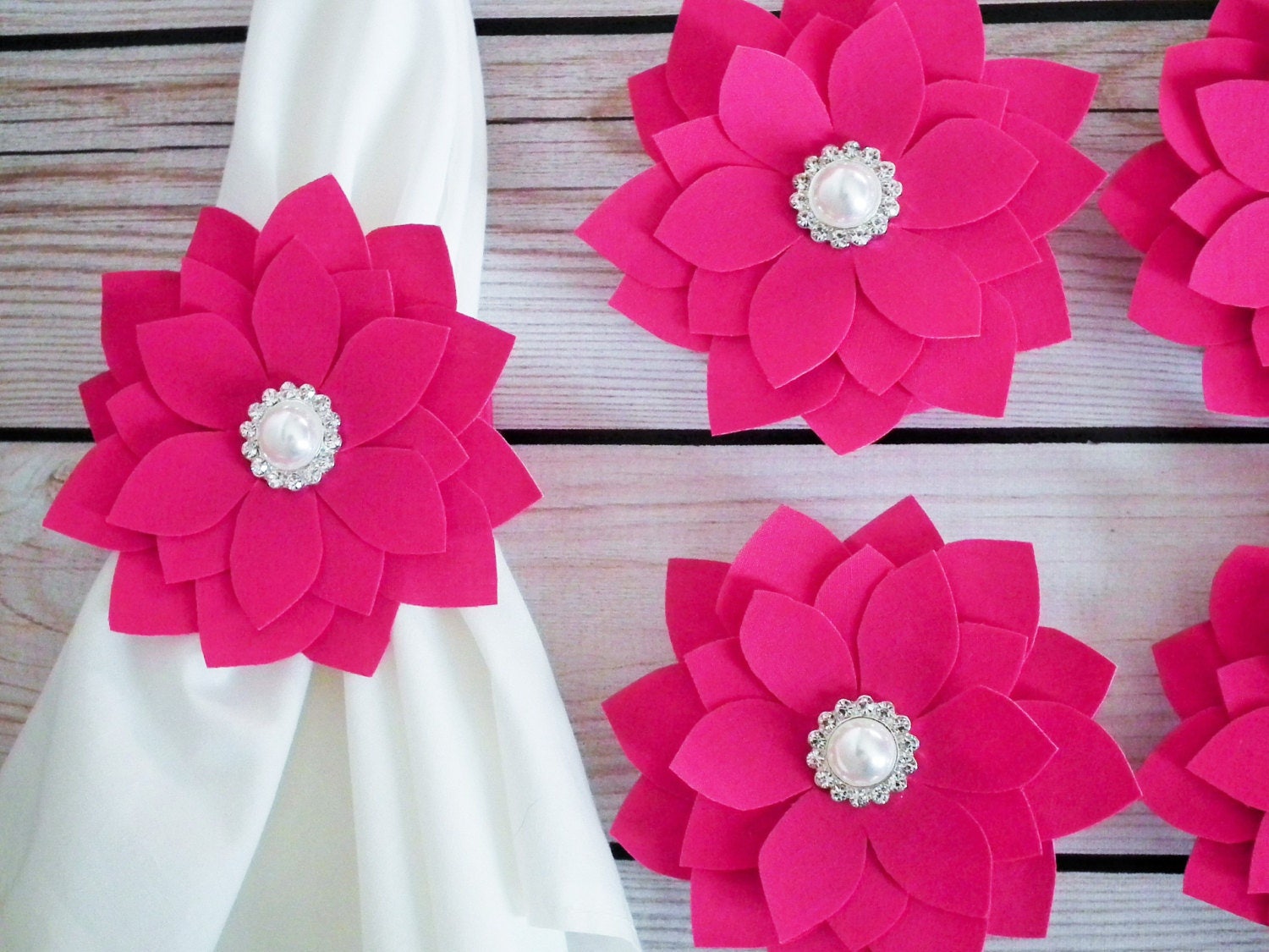 HOT PINK napkin rings pink fabric flower with rhinestone faux