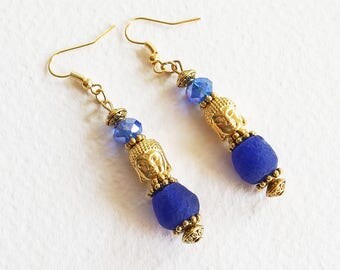 Boucles d'Oreilles Zen - Le Bouddha Bleu - Perles Pâte de Verre Artisanales et Perles Tibétaines - Bijou créateur, pièce unique