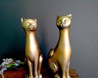 Pair of Vintage Cats, Plaster/Chalkware, 1950s, Gold/Bronze Colour - 1950s Cat Figurines, Statues/Statuettes