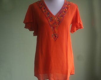 1970s Gauzy Boho Blouse - Orange Hippie Shirt - Bell Sleeves - M/L