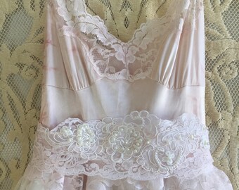 dusty pink & soft white layered embroidered lace boho wedding dress by mermaid miss Kristin