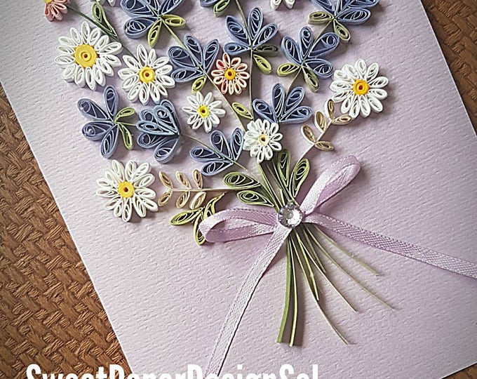 Paper Quilling Art. Lavender and Daisy flower bouquet card, Mothers Day, birthday. Anniversary. Wedding. Any Occasion. Blank card