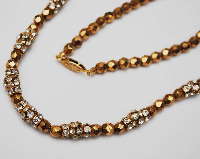 Gold glass and Rhinestone bead necklace - glamour golden silver bling - 46 inch long Flapper necklace