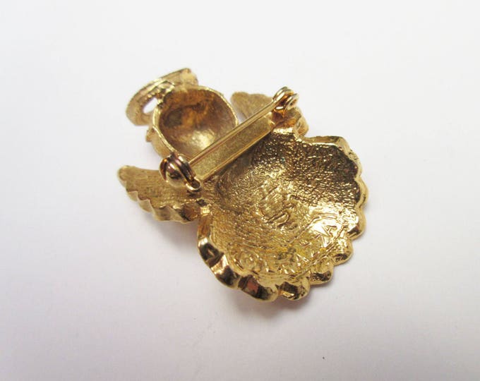 Angel Christmas Brooch - signed Luca Razza - Gold - rhinestone - Holiday Pin