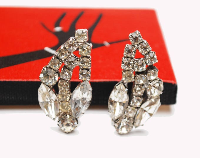 Clear Rhinestone earrings - Floral Leaf - Clip on Earrings- Wedding Bride