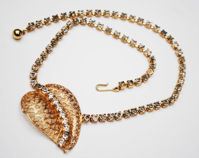 Gold rhinestone Leaf Necklace - golden filigree - Clear rhinestone strand - gift for her