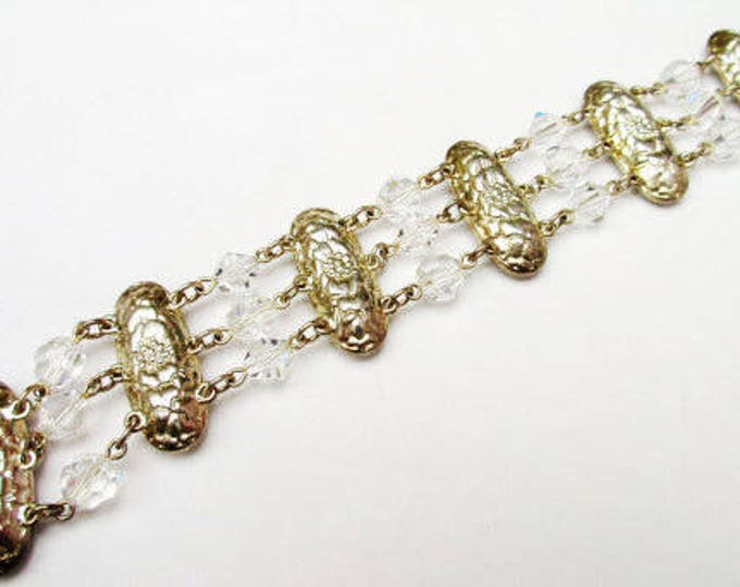 Wide Crystal Bracelet - facet cut oval crystals -gold tone setting - glass beads Vintage - wedding bride