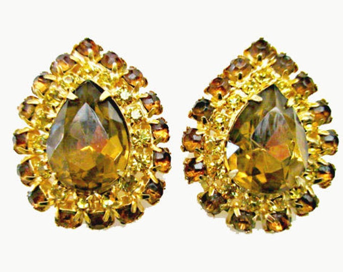 Brown yellow Rhinstone Earrings - Pear shape topaz crystal - gold - clip on earrings