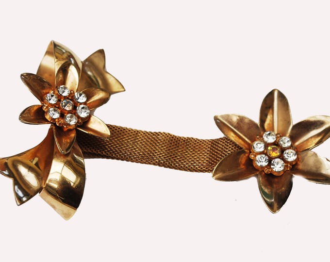 Gold Flower Dangle Brooch - Gold Mesh - AB Rhinestone - Ribbon -Mid Century floral Pin