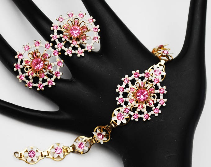 Vintage Flower Bracelet and Earring - Pink rhinestone - white Enamel Gold metal Floral jewelry set