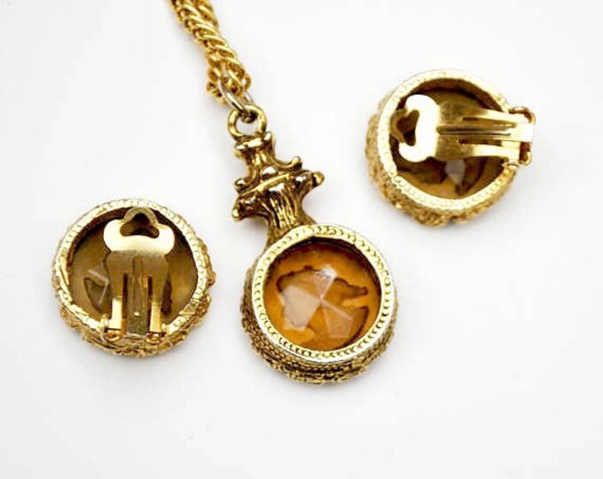 intaglio cameo necklace earring set - reversed Carved - topaz brown glass - Champagne rhinestones - Gold plated - unsigned Goldette