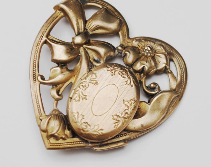 Heart Locket Brooch - Repousse Gold Brass metal - Art Nouveau - Floral Bow - pin